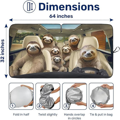 GENANY Cute Sloth Family Funny Windshield Sun Shade for Car SUV Truck (64x32 Inches), Automobile Sunshade, Protector Blocks UV, Car Accessories, Auto Decor