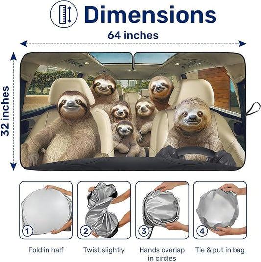 GENANY Cute Sloth Family Funny Windshield Sun Shade for Car SUV Truck (64x32 Inches), Automobile Sunshade, Protector Blocks UV, Car Accessories, Auto Decor