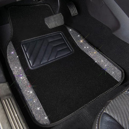 CAR PASS Rhinestone Bling Diamond Car Seat Covers Leather Shining Car Floor Mats Carpet Waterproof Anti-Slip Nibs Car Accessories Interior Sets for Women Silver Glitter White Sparkly Crystal