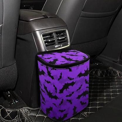 Purple Bats Pattern Car Trash Can Leakproof Garbage Bag with Lid and Zipper 1.2Gal Trash Bin Hanging for Back Seat Halloween Car Accessories Universal Fit