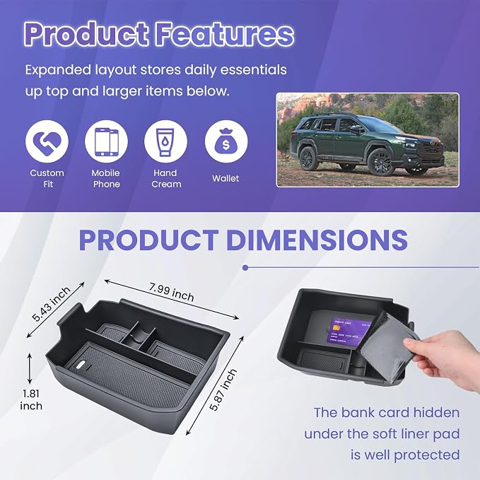 RUNROAD Center Console Organizer Tray Compatible with 2026 Subaru Outback Accessories, Armrest Tray For Outback Premium Limited Touring XT Wilderness Middle Console Dividers Secondary Storage Box