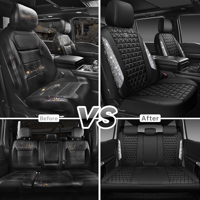 CAR PASS Bling Diamond Leather Car Seat Covers Full Seats Interior Sets, Waterproof Shining Glitter Sparkly Crystal Universal Armrest Fit Automotive Truck SUV Cute Women Girl, Black Silver Rhinestone