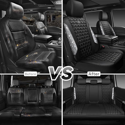 CAR PASS Bling Diamond Leather Car Seat Covers Full Seats Interior Sets, Waterproof Shining Glitter Sparkly Crystal Universal Armrest Fit Automotive Truck SUV Cute Women Girl, Black Silver Rhinestone