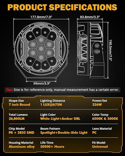Auxbeam V-Ultra Series 7 Inch LED Pod Lights, 226W 26800LM Side Shooter Offroad Round Pods with Amber DRL& Black Cover, 270° Ultra-Wide Spotlights Universal Dual Color Light for Jeep ATV UTV, Pair