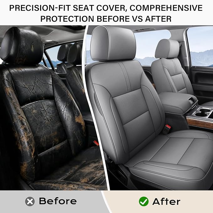 Coverado Chevy Silverado Seat Covers, Faux Leather Seat Covers Fit for Chevy Silverado GMC Sierra 2007-2026 1500, 2015-2026 2500HD 3500HD Crew Double Extended Cab (Front,Gray)