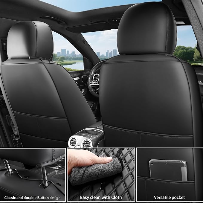 Front Car Seat Covers Set of 2,Universal Precision Fit Contoured Heavy-Duty Nappa Leather Waterproof Automotive Seat Covers& Accessories for SUV Trukcs,forros para asientos de carro,Style1 Black