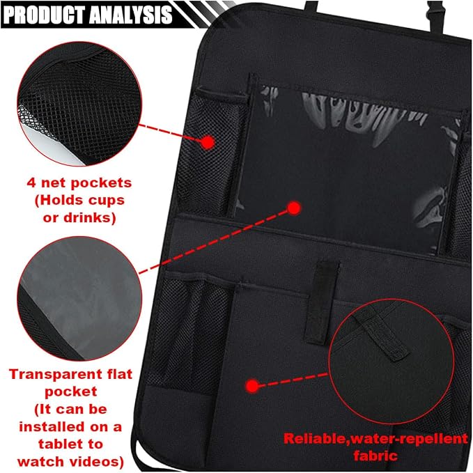 2PCS Car Backseat Organizer with Clear 10" Tablet Holder + 5 Storage Pockets - Seat Back Protector Kick Mats for Kids - Car Back Seat Storage Organizer - Road Trip Essentials Travel Accessories