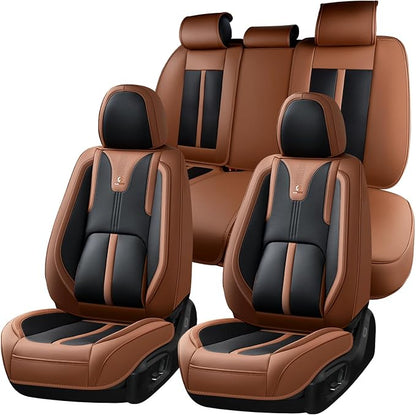 Huidasource Seat Covers Luxury Nappa Leather, Car Seat Covers Full Set with Velcro Adjustable, Airbag, Lumbar Support, Cooling＆Heating, Brown Car Seat Cover Fit for Most Cars SUV Trucks, Brown＆Black