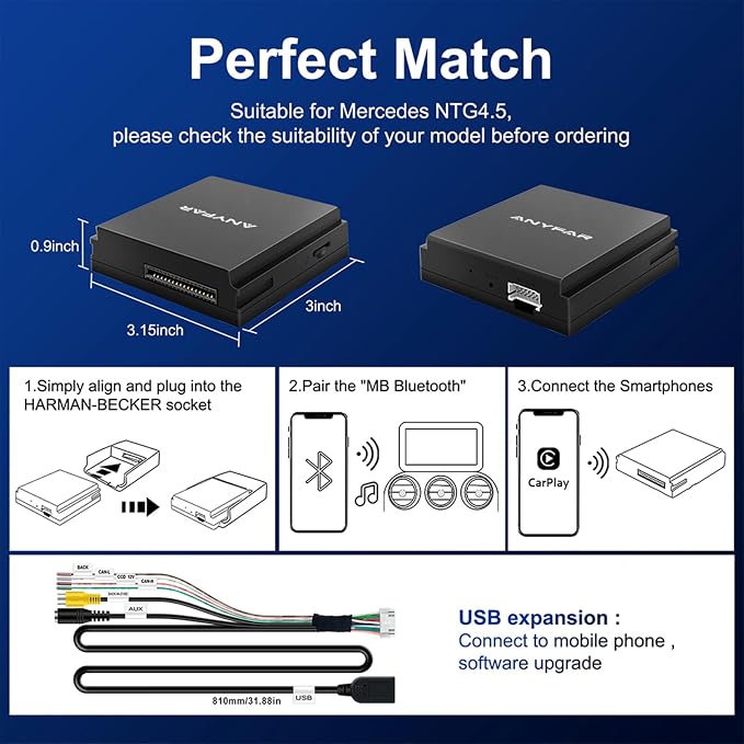 CarPlay Android Auto Adapter Decoder Retrofit Kit Fits Mercedes Benz 2012-2015 A/B/C/E/CLA/GLK/ML/SLD Class with NTG 4.5/4.7 System, Supports Wireless CPAA/Mirror Link/Camera/USB Drive/NAV