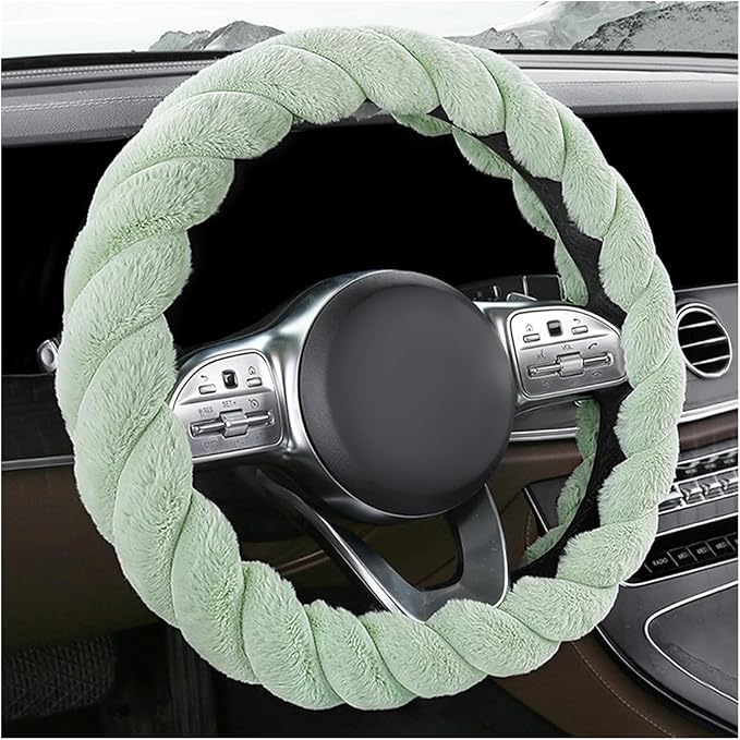 KVAEY Fluffy Car Steering Wheel Cover, 15 Inches Anti-Slip Round Fuzzy Winter Steering Wheel Protector, Soft Warm Plush Steering Wheel Cover for Women Girls, Car Accessories (Green, D-Shaped)