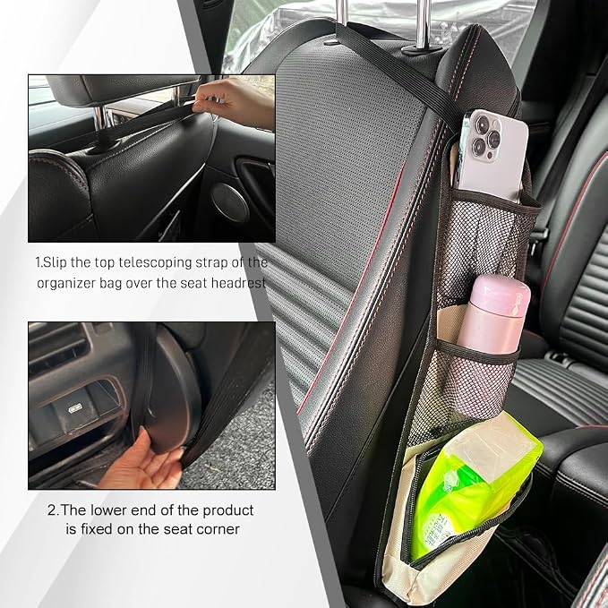 Car Seat Side Organizer, Seat Side Storage Pocket, Multifunctional Mesh Net Pocket, Car Multi-Pockets Backseat Organizer Side Hanging Bag for Storage Coins, Cell Phones, Glasses (Beige, 1PCS)