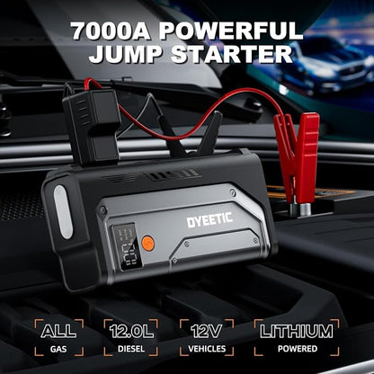 7000A Jump Starter, 12V Car Battery Booster Pack(All Gas/12.0L Diesel)，Car Starter Smart Jumper Cables with Quick Charger, Battery Jumper 26800mAh Portable Power Bank，800LM Flashlight