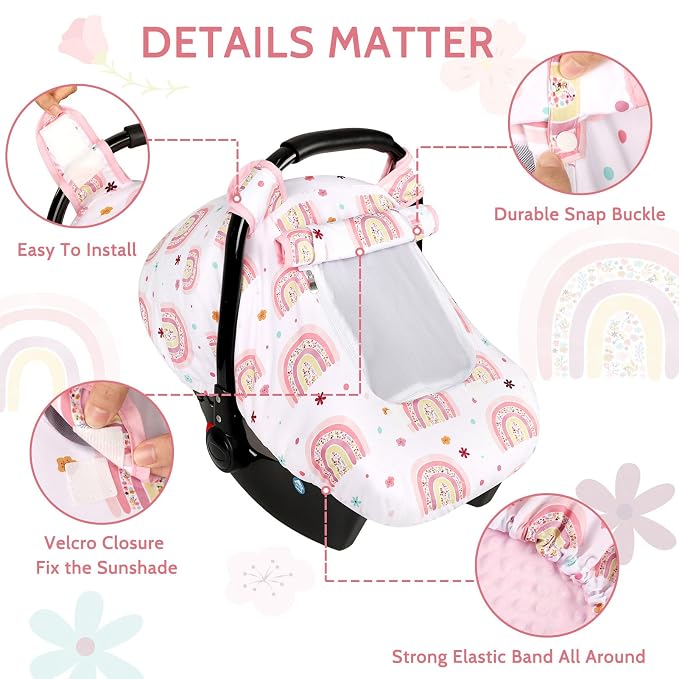 Pea Pod Car Seat Cover Baby, Infant Car Seat Canopy Covers with 2 Layers Windows of Breathable Mesh Fabric, Lightweight Polyester, Soft Minky Dot Backing (Rainbow & Floral Pattern)