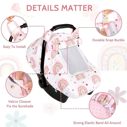 Pea Pod Car Seat Cover Baby, Infant Car Seat Canopy Covers with 2 Layers Windows of Breathable Mesh Fabric, Lightweight Polyester, Soft Minky Dot Backing (Rainbow & Floral Pattern)