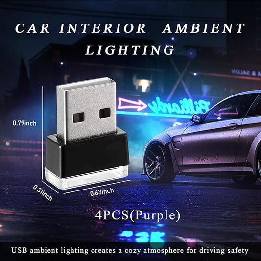 Yourkar 4 PCS USB LED Car Interior Atmosphere Lamp, Plug-in USB Interface Trunk Ambient Lighting Kit, Night Led Decoration Mini USB Light, Universal Interior Car Accessories (Purple)