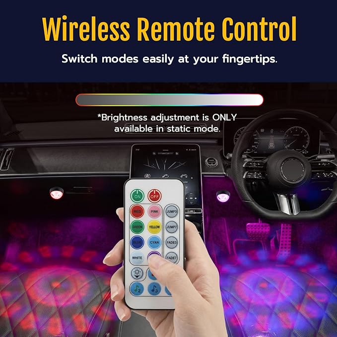 Mcbazel Wireless Car Ambient Lights, Upgraded Starry LED Interior Decor Lighting with Remote & Voice Control, 12H Long Battery, 1-to-4 USB-C Cable, Hook and Loop Mount Footwell Light, 4-Pack