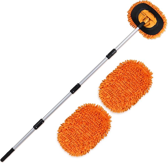 Suds Lab EM Extendable Wash Mitt with 170° Telescopic Handle – 58" Car Wash Mop with 2 Scratch-Free Chenille Microfiber Car Washing Mitts for SUVs, RVs and Trucks