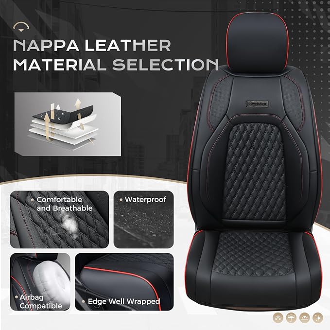 Coverado Front Seat Covers for Ford F150 2015-2026, F250 F350 F450 2017-2026 SuperCrew Crew Cab, Red and Black Leather Car Seat Covers, Full Coverage