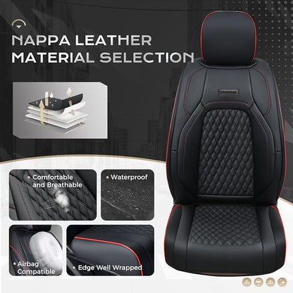 Coverado Front Seat Covers for Ford F150 2015-2026, F250 F350 F450 2017-2026 SuperCrew Crew Cab, Red and Black Leather Car Seat Covers, Full Coverage