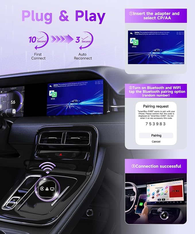 Upgrade 2 in 1 Mini Wireless Car Play Adapter Support Apple CarPlay and Android Auto, Fit for Convert Wired to Wireless, Auto Connect for Daily Commute, Plug and Play Dongle (Black, 2 in 1)