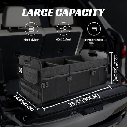 Sposuit Car Trunk Organizer for SUV - 105L Collapsible Tactical MOLLE Car Storage with Reinforced Handles & Multiple Pockets, Sturdy Trunk Organizers for Groceries, Tools & Outdoor Storage (Black)