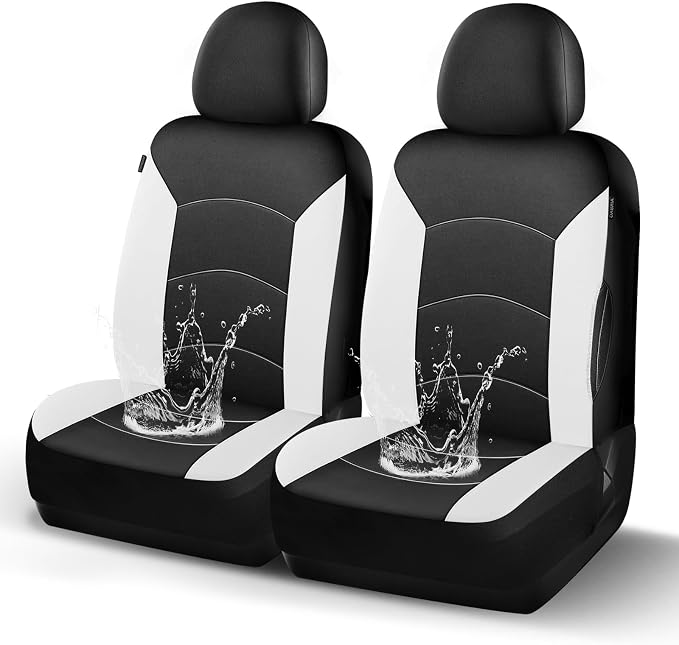 HChengkikz Car Seat Covers Front Seat, Waterproof Neoprene Car Seat Covers, Airbag Compatible, Universal Automotive Seat Covers for Most Cars, SUVs, Trucks (Black + White)