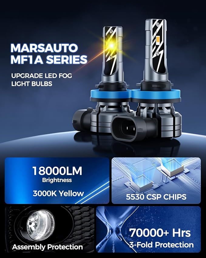 Marsauto H11/H16/H8 LED Fog Light Bulb, 18000LM 700% Brightness, H11 H16 H8 LED Bulb Yellow Fog Lights, 3000K Yellow 70000HRS Lifespan H11 Yellow Fog Light Bulbs, Play and Plug, Exterior Lighting