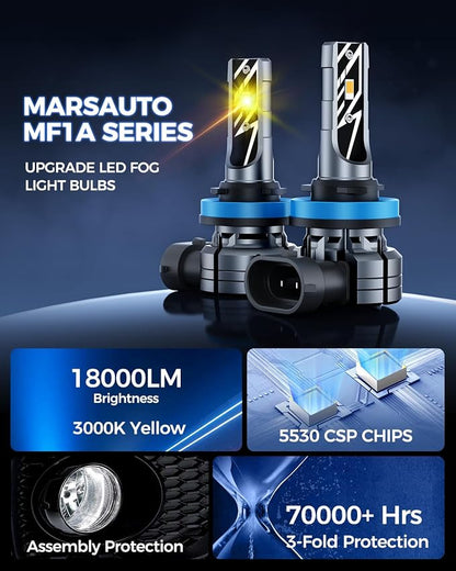 Marsauto H11/H16/H8 LED Fog Light Bulb, 18000LM 700% Brightness, H11 H16 H8 LED Bulb Yellow Fog Lights, 3000K Yellow 70000HRS Lifespan H11 Yellow Fog Light Bulbs, Play and Plug, Exterior Lighting