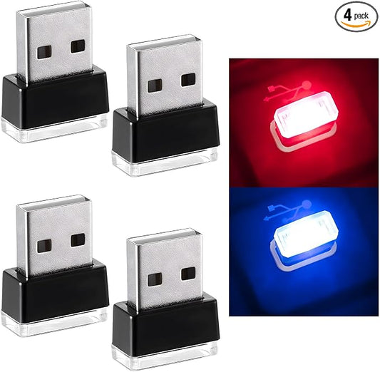 Augeny 4 PCS USB LED Car Interior Atmosphere Lamp, Plug-in USB Decor Night Light, Portable Auto Ambient Lighting Kit, Universal Vehicle Interior Accessories for Most Cars (Red & Blue)