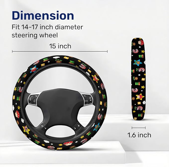 GENANY Retro Handheld Game Steering Wheel Cover, Non Slip Polyester Car Wheel Protector for Car SUV Truck, Universal 15 Inch