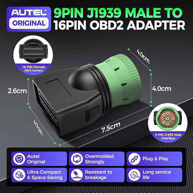 Autel Original Type 2 Green 9pin J1939 to 16pin OBD2 Female Adapter, Male to J1962 OBDII Connector, Work for Heavy Duty Trucks, Used for ELD Device & GPS Tracker & Truck Scanner