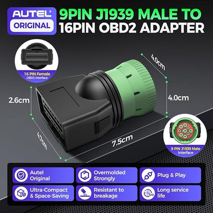 Autel Original Type 2 Green 9pin J1939 to 16pin OBD2 Female Adapter, Male to J1962 OBDII Connector, Work for Heavy Duty Trucks, Used for ELD Device & GPS Tracker & Truck Scanner