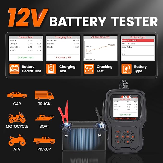 ANCEL AD530 PRO OBD2 Scanner and Battery Tester for Mechanics & Drivers | Check Engine Light, Battery Health Test, Cranking & Charging Test, Live Data Diagnostics Tool for 1996+ Cars & Motorcycles