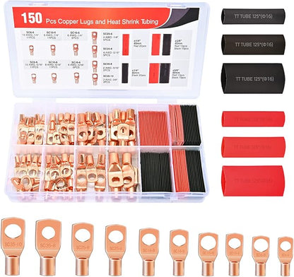 Nilight 150PCS Copper Wire Lugs and Heat Shrink Tubing 2 4 6 8 10 AWG Heavy Duty Battery Terminal Crimp Connectors 70 PCS 80 3:1 Heatshrink Assortment Kit