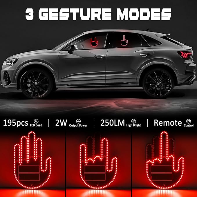 DIBMS Car Gesture Decorative Lights, Ambient Lighting, Rechargeable LED Gesture Lights for Car Road Rage LED Signs Calm Road Rage, Remote Control Triple Mode Fun Finger Lights (Red)