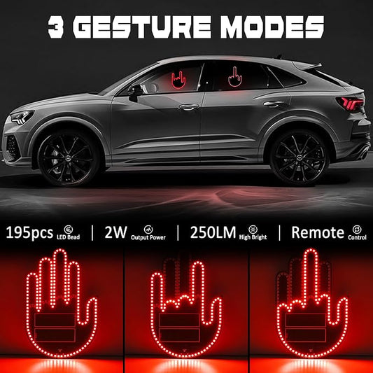 DIBMS Car Gesture Decorative Lights, Ambient Lighting, Rechargeable LED Gesture Lights for Car Road Rage LED Signs Calm Road Rage, Remote Control Triple Mode Fun Finger Lights (Red)