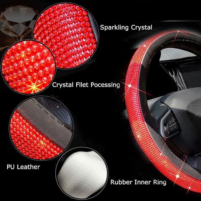 ChuLian New Diamond Leather Steering Wheel Cover with Bling Bling Crystal Rhinestones, Universal Fit 15 Inch Car Wheel Protector for Women Girls Red Diamond