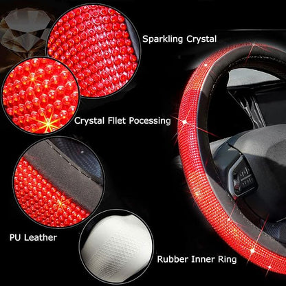 ChuLian New Diamond Leather Steering Wheel Cover with Bling Bling Crystal Rhinestones, Universal Fit 15 Inch Car Wheel Protector for Women Girls Red Diamond