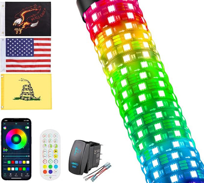 Ehaho 2FT Fat Whip Lights for UTV ATV, Led Fatty Whip Light W/Rocker Switch & 3 Flags, Brighter Spiral Chasing Lighted Antenna Whip with APP & Remote Control for RZR SXS