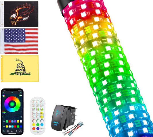 Ehaho 2FT Fat Whip Lights for UTV ATV, Led Fatty Whip Light W/Rocker Switch & 3 Flags, Brighter Spiral Chasing Lighted Antenna Whip with APP & Remote Control for RZR SXS