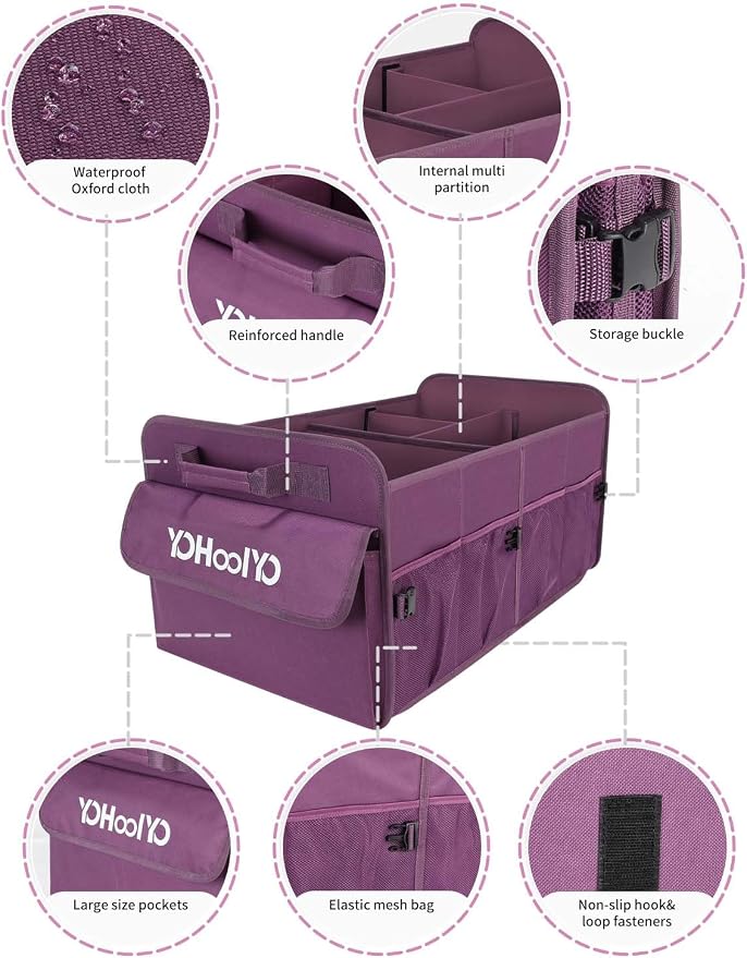 YOHOOLYO Car Trunk Organizer for SUV 72L Large Capacity Collapsible 4 Compartment Storage, Multicolor Car Accessories for Women/Men, Purple