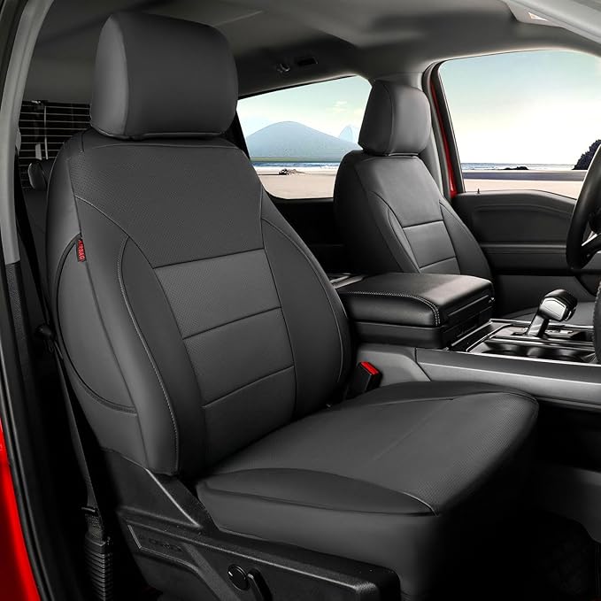 coverdream F150 Seat Covers for 2015-2020 Ford F150 SuperCrew XL,XLT & 2017-2022 F250/F350/F450 Crew Cab XL,XLT,Fully Covered,Waterproof Leather Truck Seat Protector(Full Set,Black&Grey)