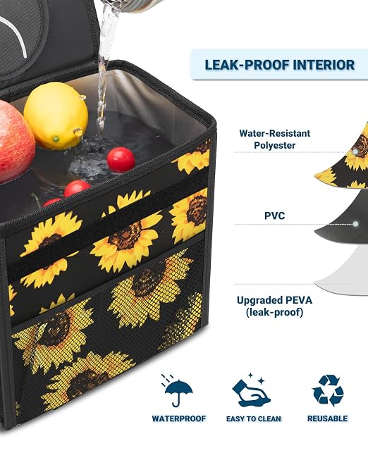 Capolo Car Trash Can with Lid, Leakproof Car Trash Bag Hanging Waterproof Automotive Garbage Can with Storage Pockets Mini Vehicle Trash Bin for Back/Front Seat(Sunflower,2.5 Gallon)