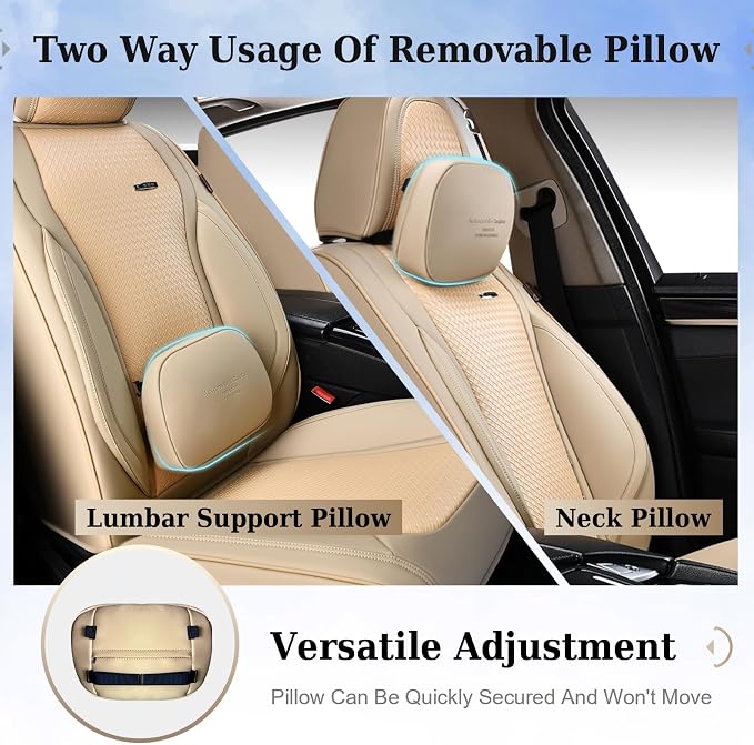 Coverado Seat Covers, Car Seat Covers Front Seats, Waterproof Nappa Leather Auto Seat Cover with Lumbar Head Pillow, Beige Seat Covers Carseat Cover Universal Fit for Most Cars