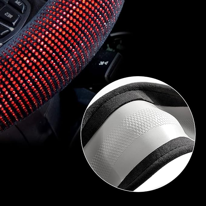 Valleycomfy Steering Wheel Cover for Women Bling Bling Crystal Diamond Sparkling Car SUV Wheel Protector Universal Fit 15 Inch (Black with Red Diamond,Standard Size(14" 1/2-15" 1/4))