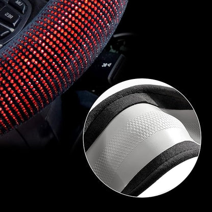 Valleycomfy Steering Wheel Cover for Women Bling Bling Crystal Diamond Sparkling Car SUV Wheel Protector Universal Fit 15 Inch (Black with Red Diamond,Standard Size(14" 1/2-15" 1/4))