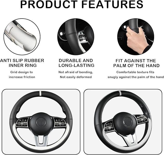 Black & White Nappa Leather Steering Wheel Cover, 14.5-15 inch Universal Car Steering Wheel Cover Non-Slip Breathable Absorbing Sweat Car Accessories
