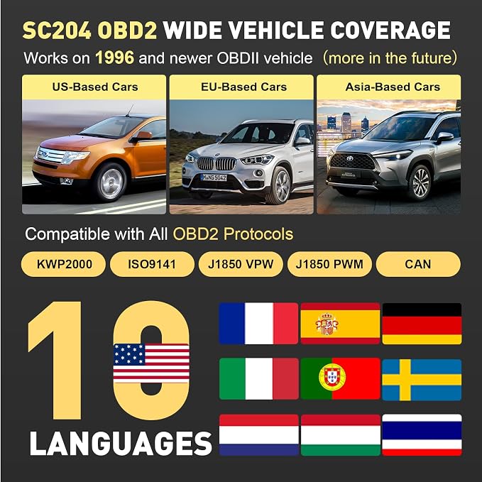 CGSULIT SC204 Enhanced OBD2 Scanner Diagnostic Tool, Check Engine Code Reader With Reset, Smog Check, Clear Code, Live Data & More, Car Code Readers & Scan Tools for All OBDII/EOBD Vehicles After 1996