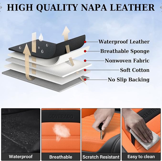 Coverado Waterproof Nappa Leather Car Seat Covers, Automotive Seat Covers，Front Car Seat Cushion & Car Seat Protector, Seat Covers Universal Fit for Most Cars, SUVs,Trucks,Black&Orange
