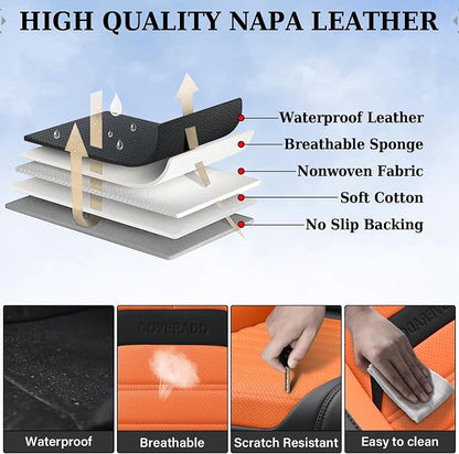Coverado Waterproof Nappa Leather Car Seat Covers, Automotive Seat Covers，Front Car Seat Cushion & Car Seat Protector, Seat Covers Universal Fit for Most Cars, SUVs,Trucks,Black&Orange